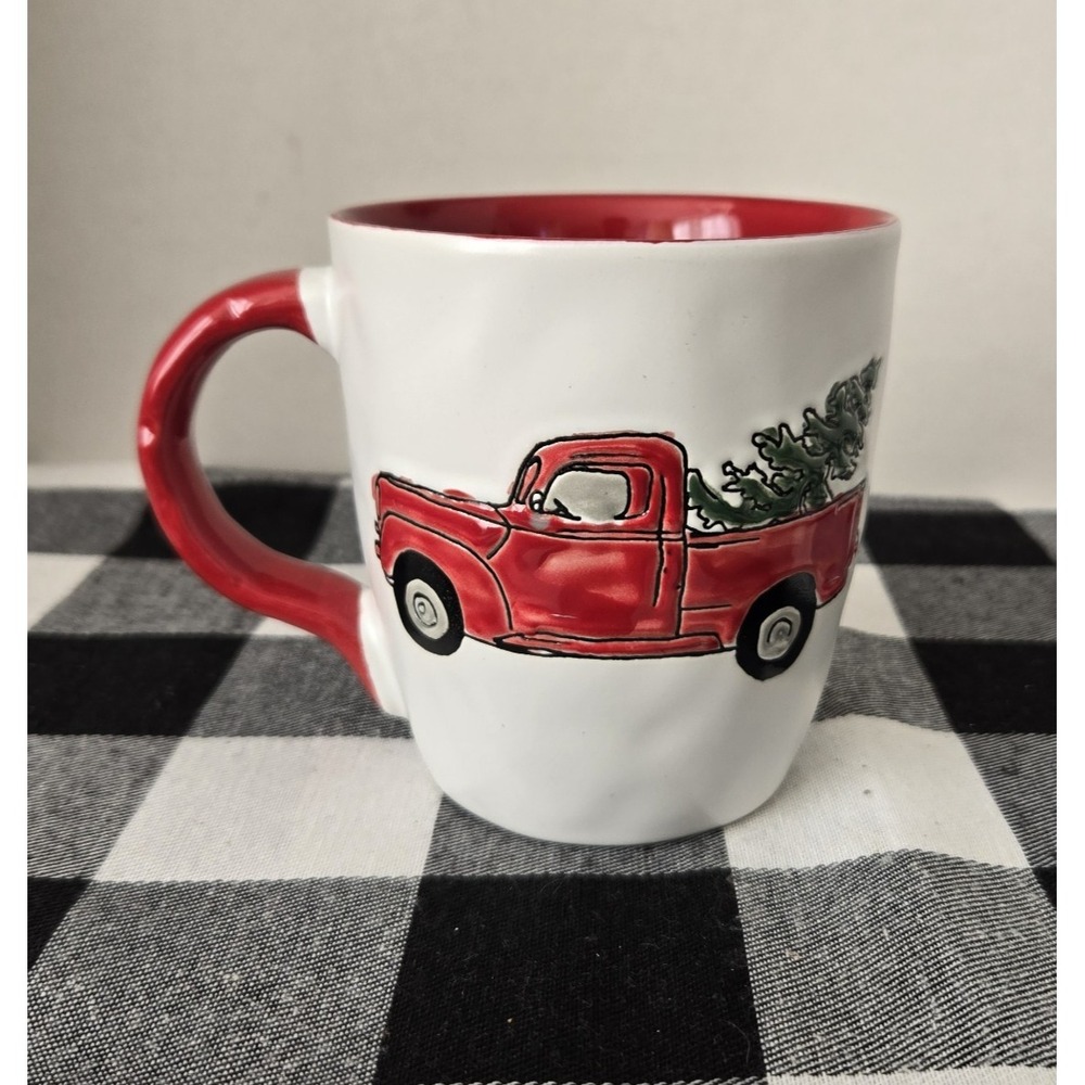 Christmas Red Pickup Truck With Tree Coffee Mug With Handle & Dimpled Exterior